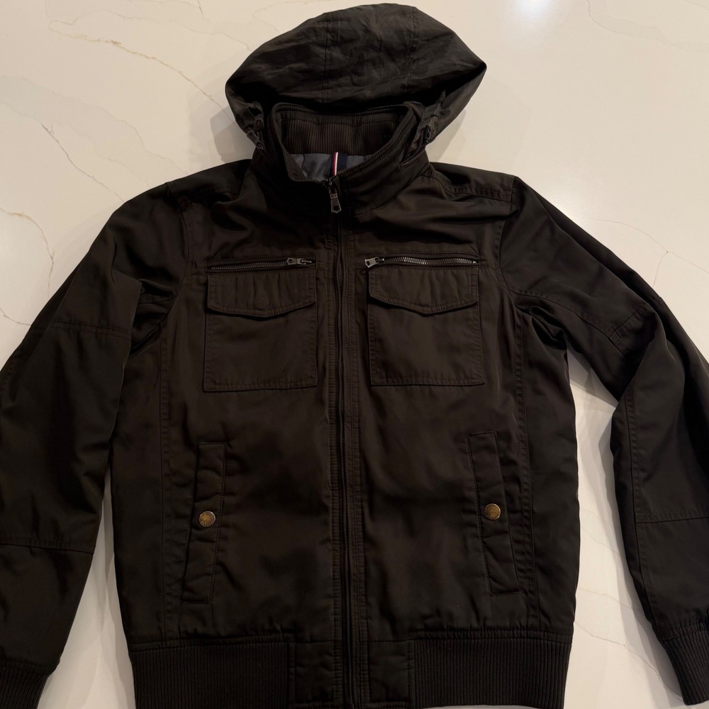 Tommy Hilfiger Mens Full Zip Bomber Jacket Hidden Hood Small